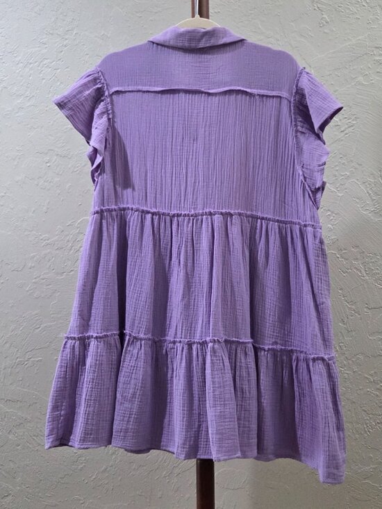 Purple Gauze Collared Tiered Dress With Frayed Seam - Picture 6 of 7
